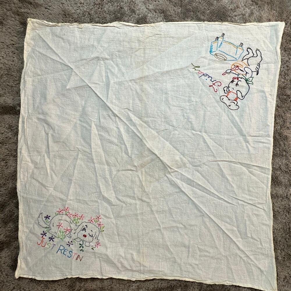 Hand Embroider Vintage Tea Towel Flour Sack Dish Cloth Friday Kitsch Day Week